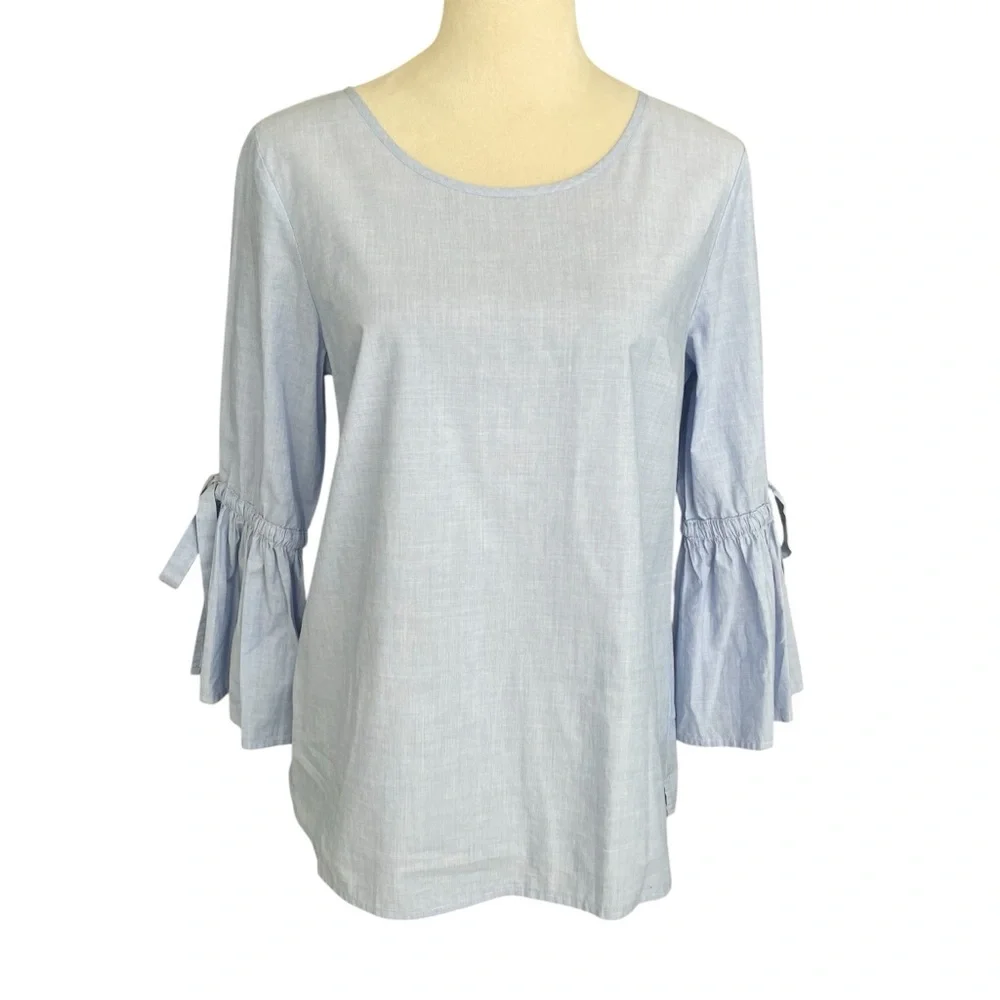 J. Crew Cotton Chambray‎ Top Women Size S Bow Sleeves Casual Feminine Chic Y2K